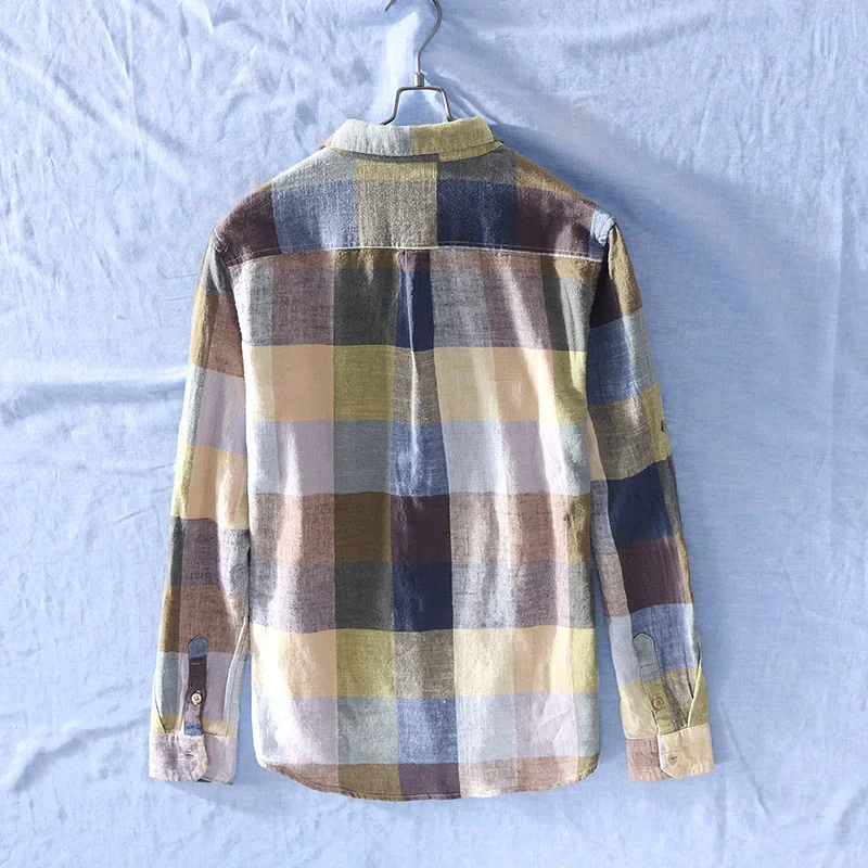 Cotton Linen Casual Plaid Shirts for Men Long Sleeve Tops Male Loose Turn-down Collar Fashion Clothing Trends