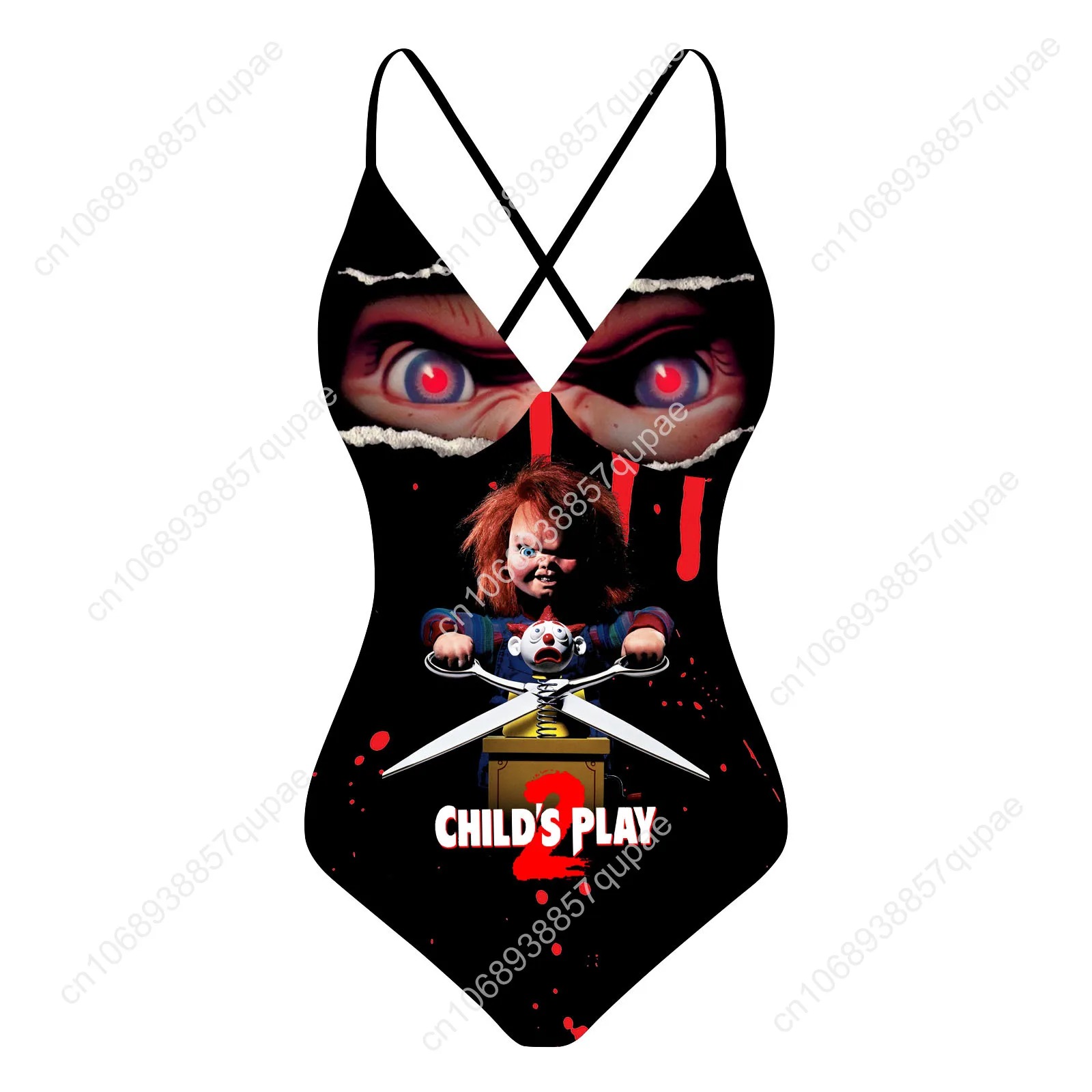 

Horror Movie Childs Play Chucky Flats Custom V-neck Halter Back Swimsuit Womens Bathing Suits Bikini Pool Beach Sexy Beachwear