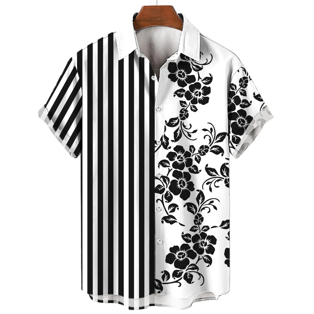 

Summer Fashion Men's Shirt 3D Printed Stripe Floral Pattern Fashion Lapel Men's Tops Street Trend Casual Men's Short Sleeve Shir