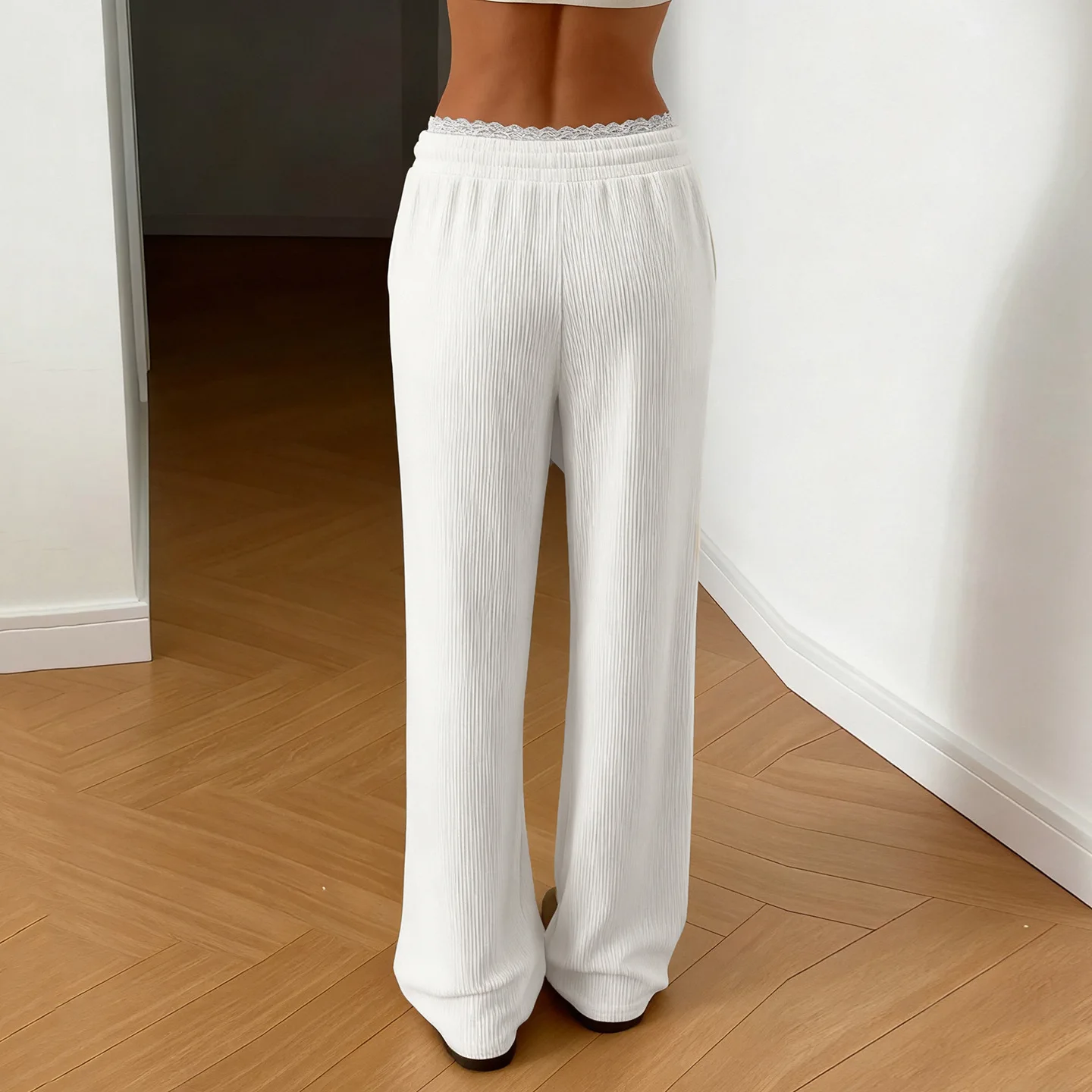 BKLD Autumn Lazy Style Lace Splicing Low Waist Thin Corduroy Pants Soft And Comfortable Loose Solid Color Casual Pants Women