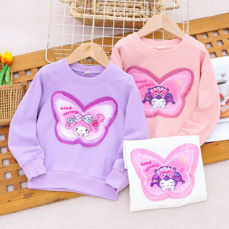 

2024 Kawaii Sanrio Kuromi My Melody Hoodie Girl Heart Sweet Cute Cartoon Children Autumn Round Neck Top Long Sleeve T-Shirt Gift