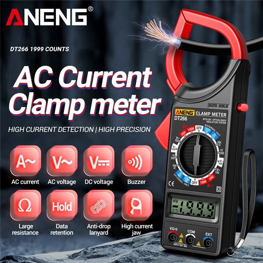 Multimeter Große Klemmzange Digital 2000MΩ Widerstandsmessung AC/DC-Spannung 60mm/2,36 Zoll Große Klemmöffnung AC-Strommessung ANENG DT266-8