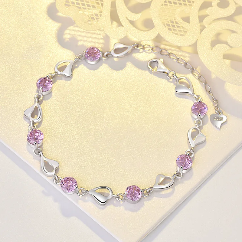 925 Sterling Silver Heart Shaped Bracelet For Women Retro Korean Versatile Pink Crystal Charm Bracelets Original Party Jewelry