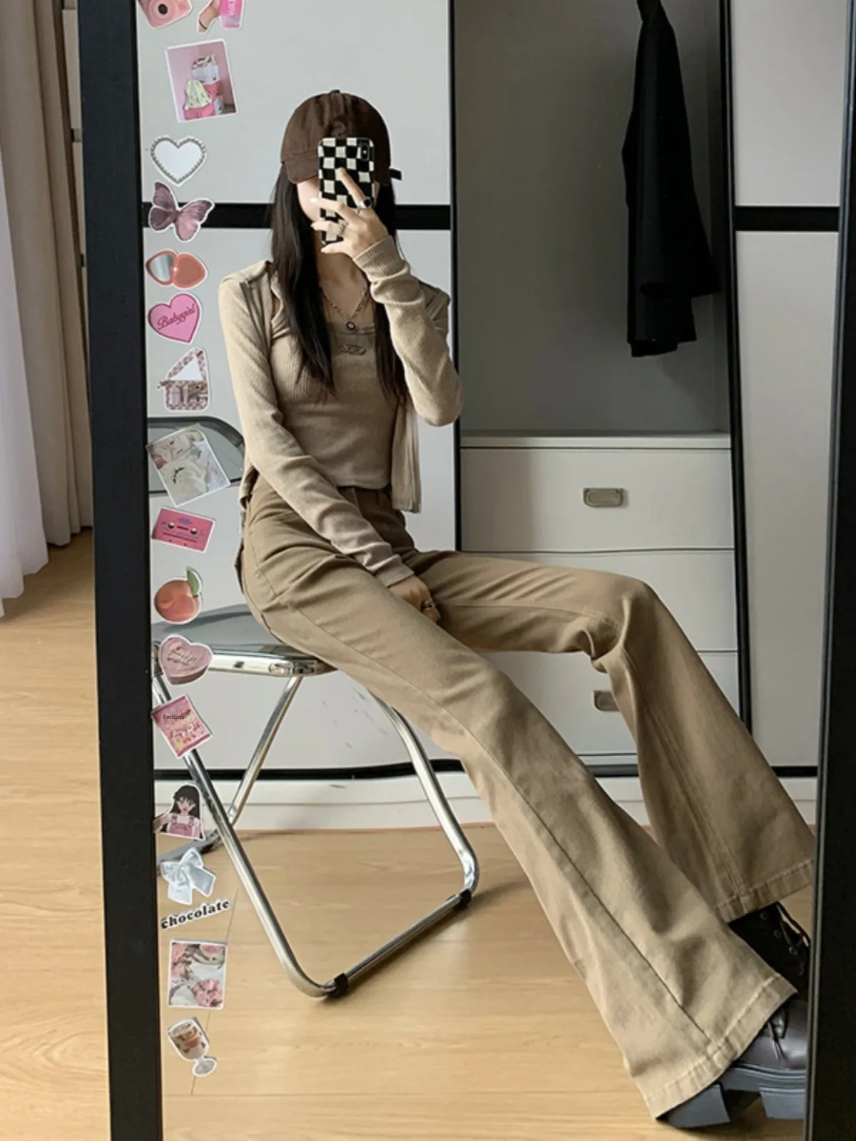 Kaki uitlopende jeans dames hoge taille broek met rechte pijpen Amerikaanse Sle herfst nieuwe collectie afslankbroek voor ort vrouwen