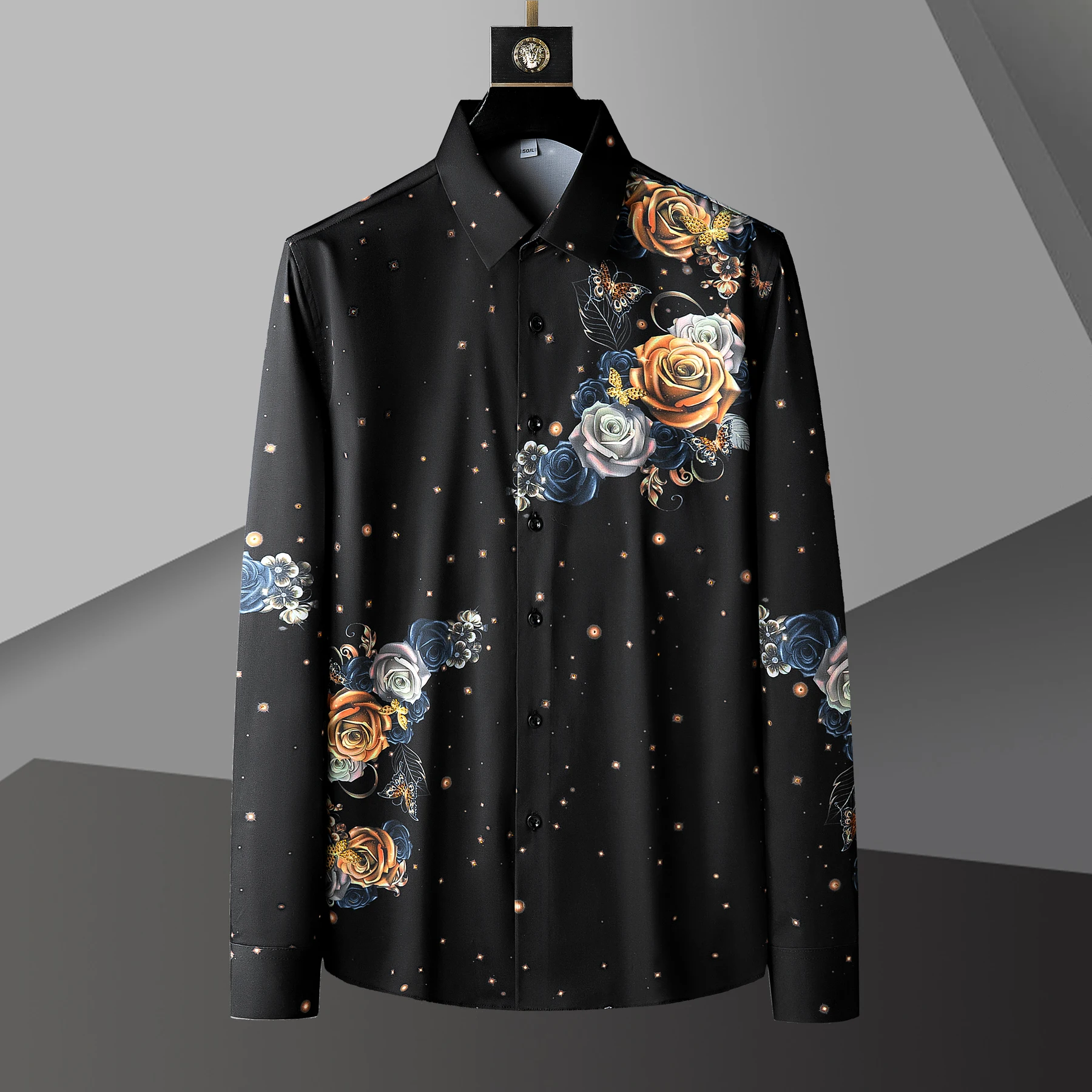 

Fall Business Dress Shirt Streetwear Vintage Flower Shirts For Men Social Party Tuxedo Rhinestones Men Shirts Camisa Hombre