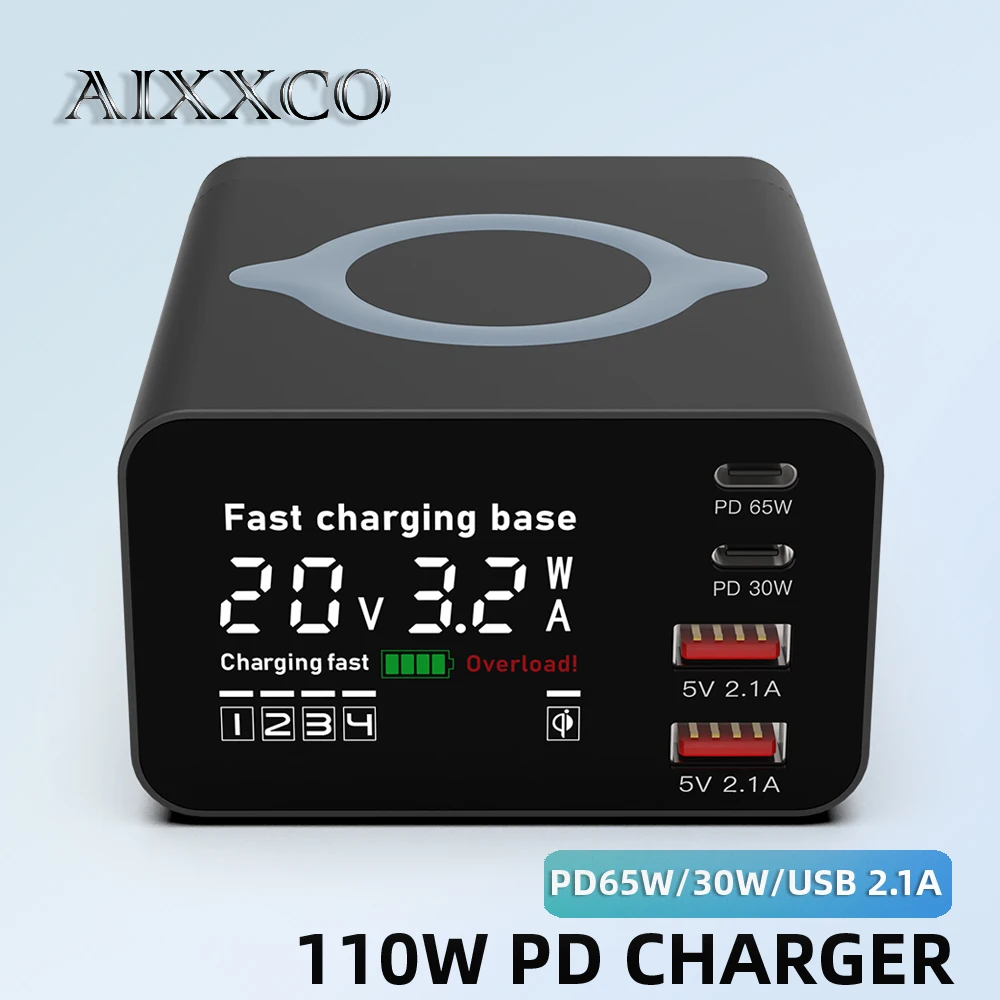 AIXXCO 110W USB Charger Station 4 Ports with Wireless Charging Digital Display Screen QC3.0 PD 65W Quick Charge For iPhone 14 13