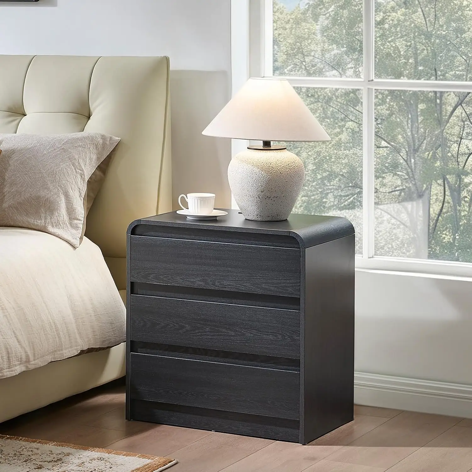 Mid Century Nightstand with Charging Station & 3 Drawers, Wood Bedside Table for Bedroom, Black, Customized