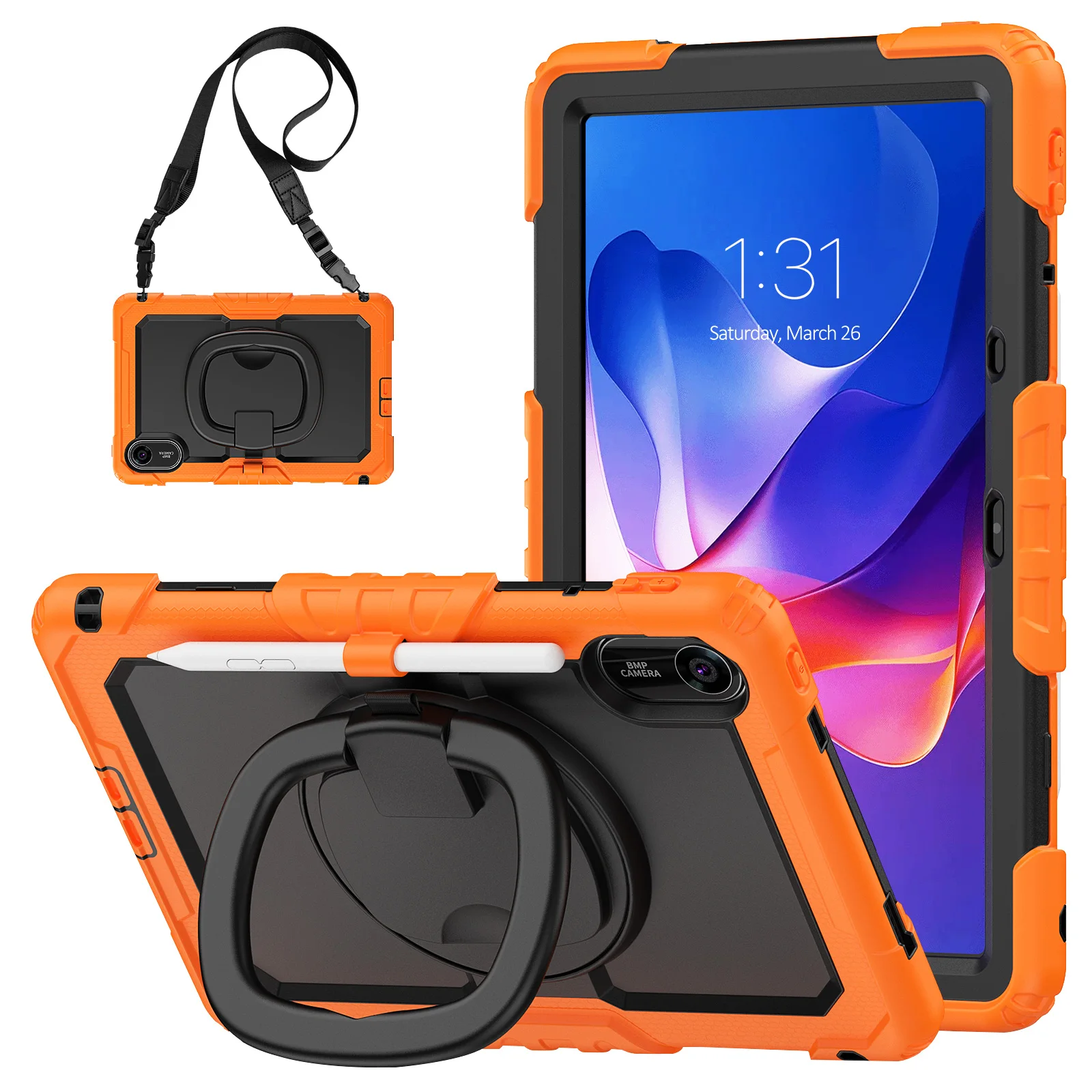 

For Xiaomi Redmi Pad 2 Kickstand Case with Stylus Holder / Shoulder Strap PC Silicone Tablet Cover - Orange