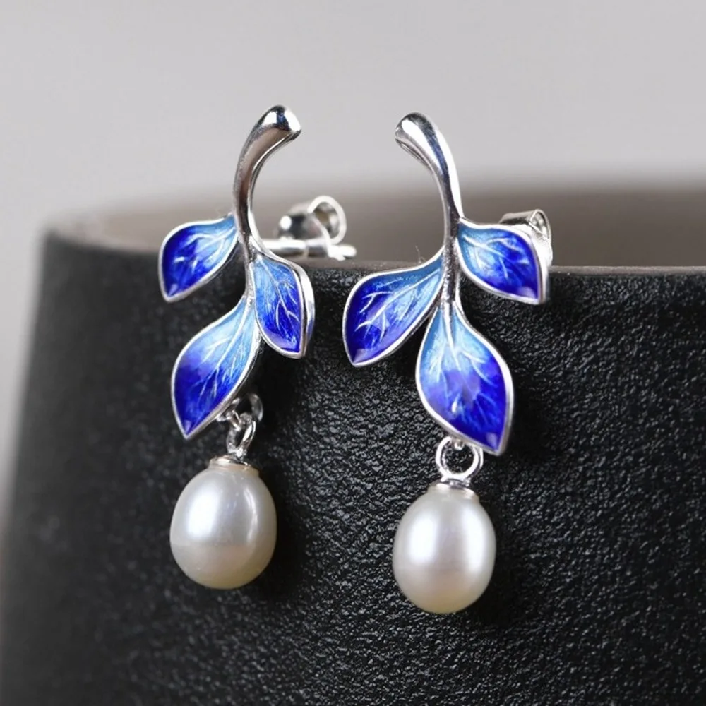 

Real Solid 925 Sterling Silver Stud Women Gift Lucky Enamel Leaf Pearl Dangle Earrings