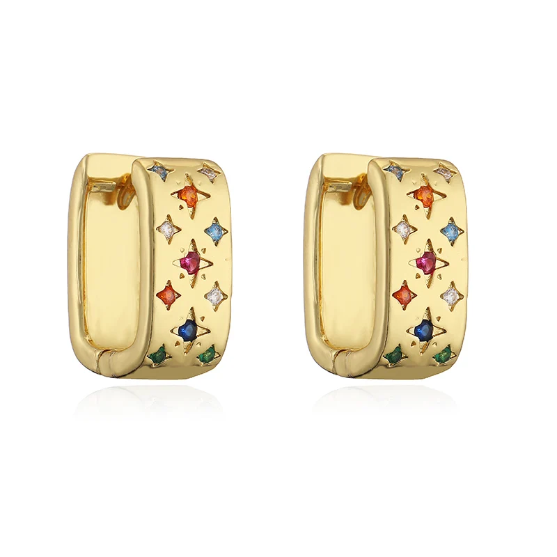 HECHENG, Colourful Zirconia Star Pattern Square Round Popular Simple Unisex Ladies Metal Earrings 1 Pair (Couple Jewelry)
