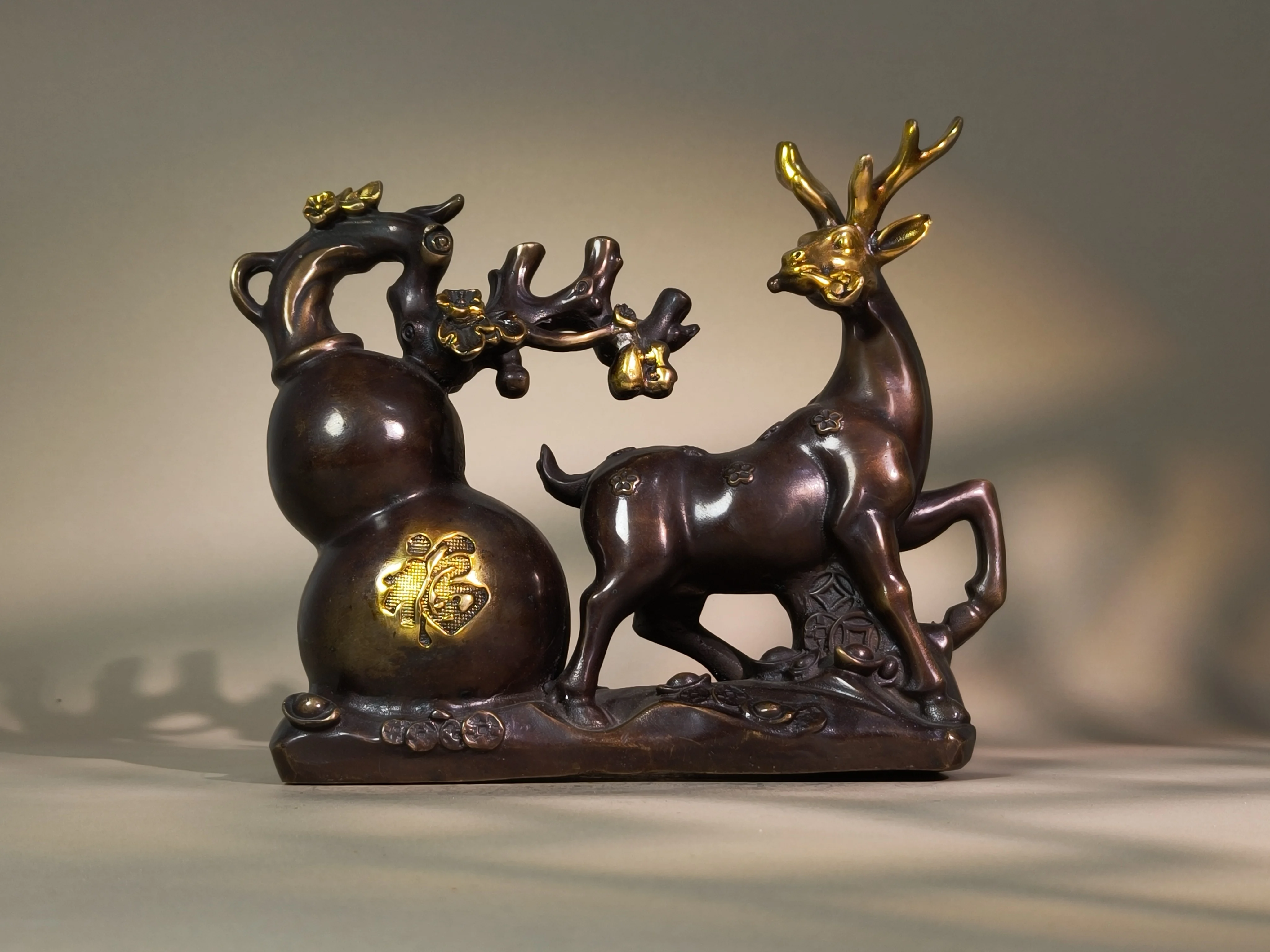 Vintage Solid Copper Ornament of Fu-Lu Gourd and Sika Deer, Home & Office Desk Decor, Collectible Antique Curio, Gift Option