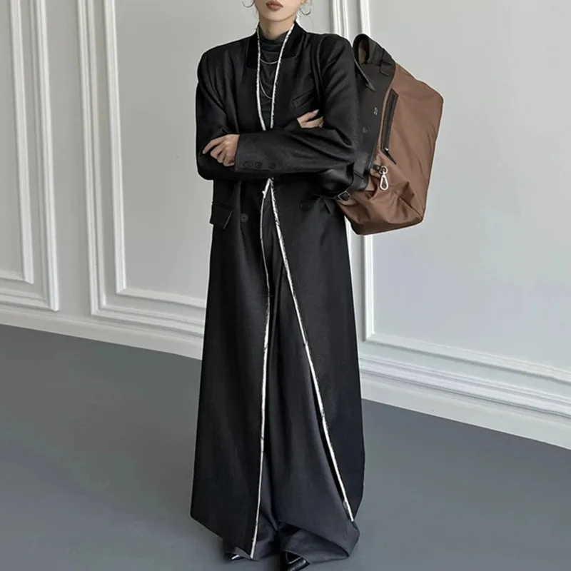 

HUISONG Loose Designer Long Trench Jacket For Women 2025 Spring New Trendy Fashion Contrast Color V-neck Temperament Windbreaker