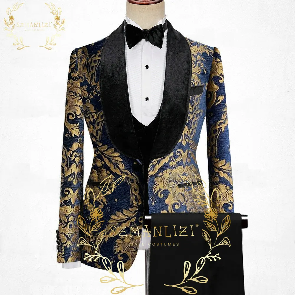 Jacquard Floral Tuxedo Suits for Men Wedding Slim Fit Navy Blue and Gold Gentleman Jacket with Vest Pant 3 Piece Male Costume