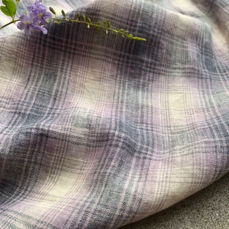 Pure Linen Fabric Dreamy Purple Watercolor Plaid Yarn Dyed Summer Autumn for Dress Robe Blazer DIY Sewing Accessories