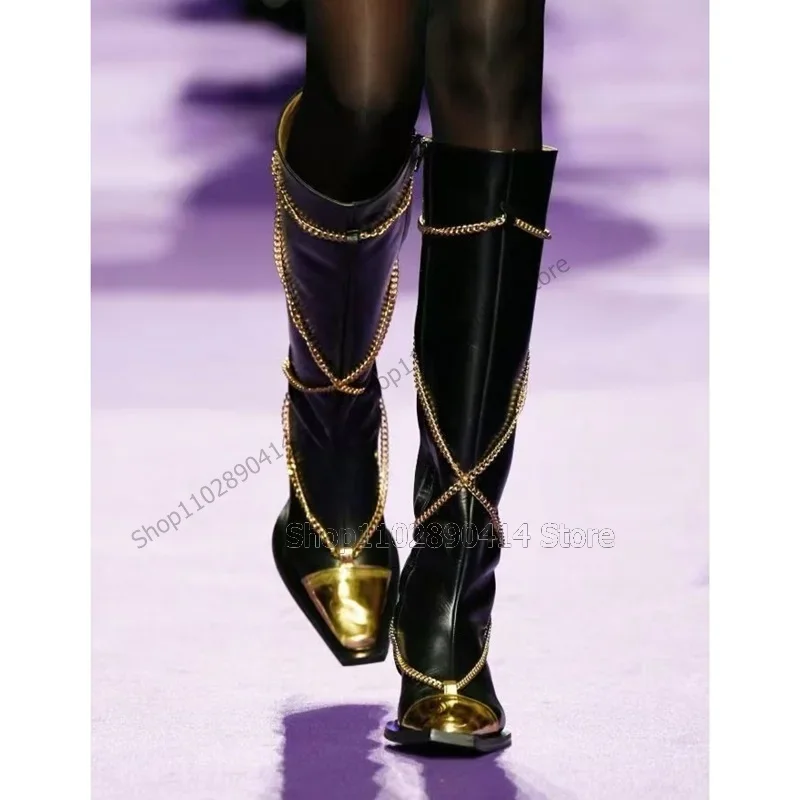 

Gold Chain Decor Black Metal Toe Boots Side Zipper Women Shoes Kitten Heel Runway Novel Fashion Sexy 2023 Zapatos Para Mujere