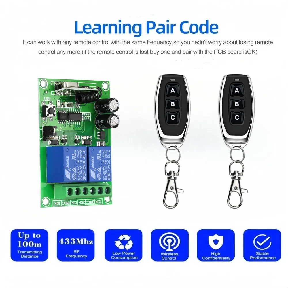 Kebidu-ワイヤレスリモコンスイッチ,RF 433mhz,DC, 24v,2ch,10aリレー受信機,ドア用3ch送信機,電磁ロック