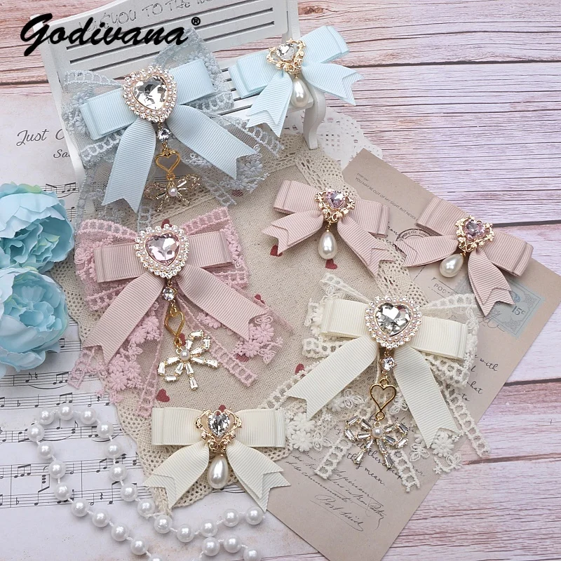 

Handmade Japanese Mine Sweet Lace Bow Rhinestone Side Clip Lady Girls A Pair of Hairclips Hair Accessories Women Hair Clips