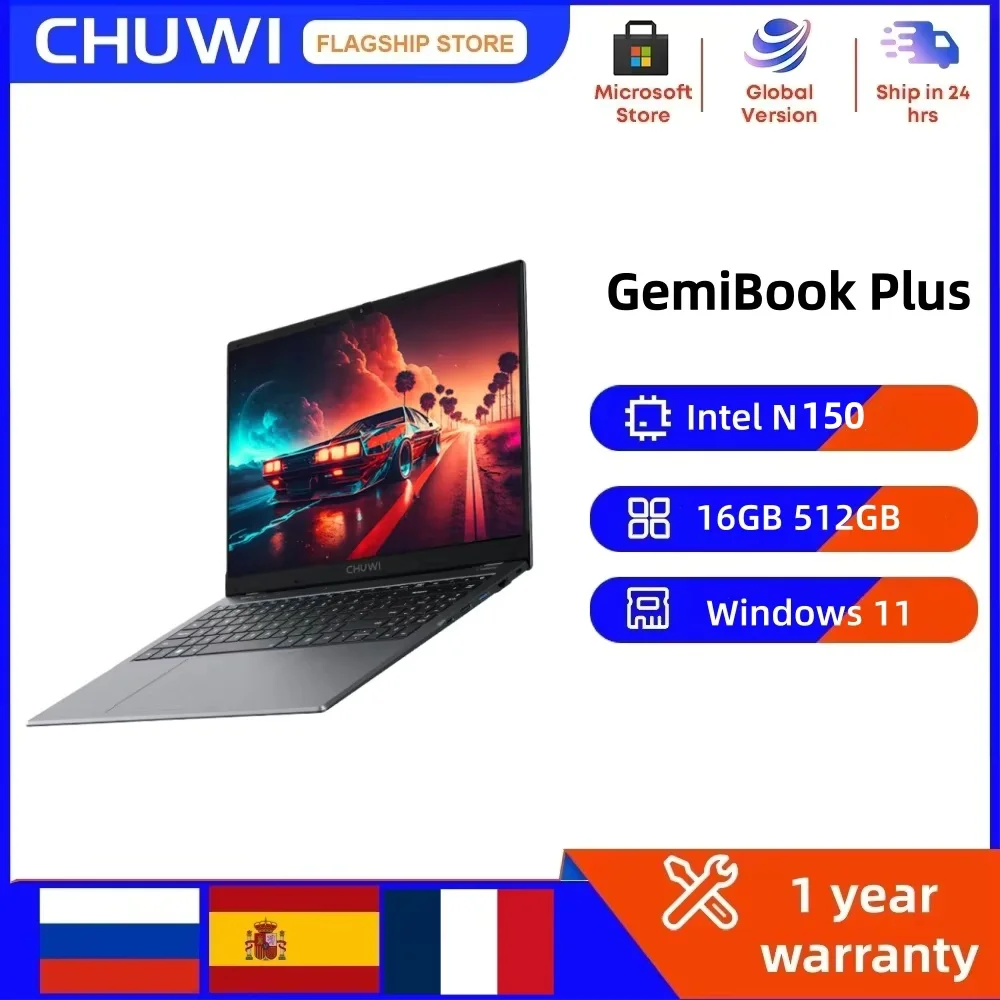 Ноутбук CHUWI GemiBook Plus с графикой Intel N150 для 12-го поколения, 15.6 дюймов, 1920*1080P, 16 ГБ ОЗУ, 512 ГБ SSD, с охлаждающим вентилятором, Windows 11