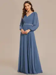 Vestidos de noite elegantes cintura com decote em v manga longa lantejoulas até o chão 2025 sempre bonito de chiffon empoeirado marinha vestido de dama de honra