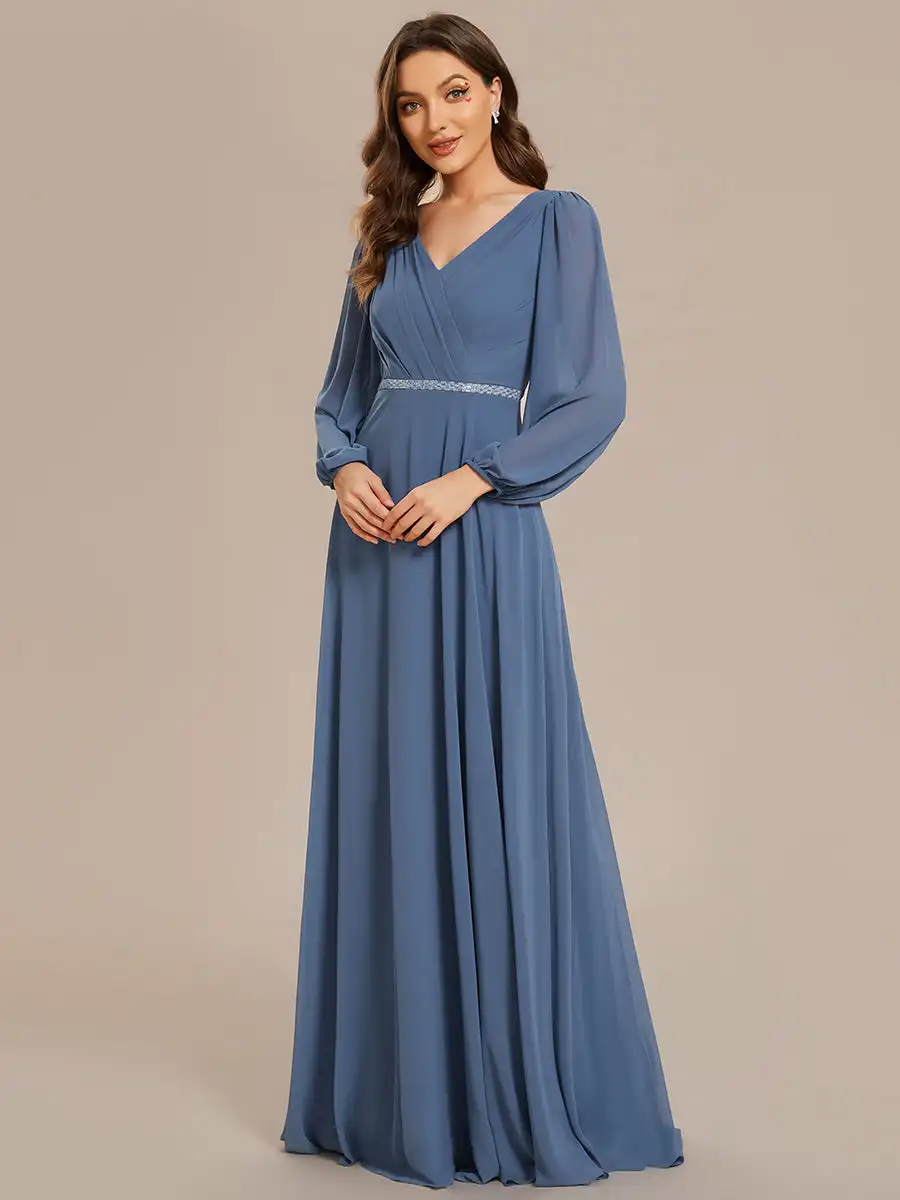 Elegant Evening Dresses Waisted V-neck long sleeve Sequins Floor-Length 2024 Ever pretty of Chiffon Dusty Navy Bridesmaid dress