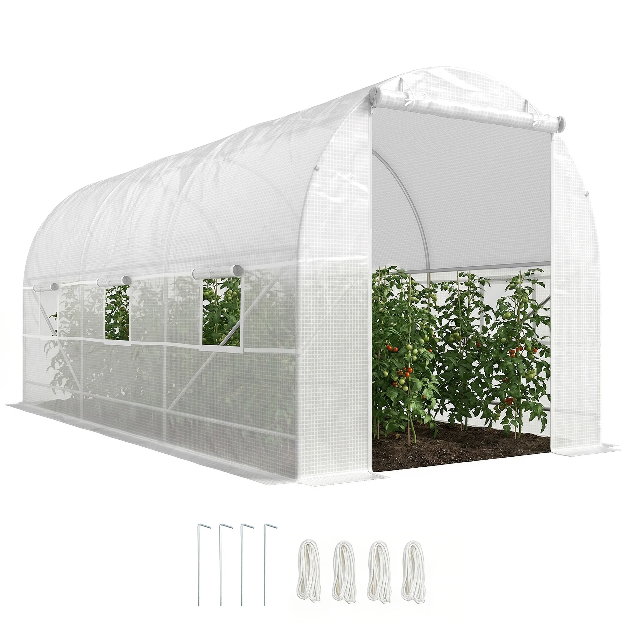 Walk-In Tunnel Greenhouse with Roll-Up Front Door and Six-Sided Windows