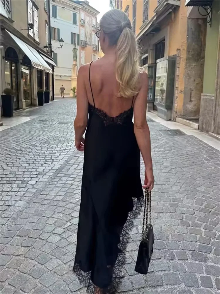 JULISSA MO Patchwork Satin Sexy Backless Spitze Frauen Kleid Spaghetti Strap Midi Kleid Herbst Neue Elegante Party Abendkleid 2025