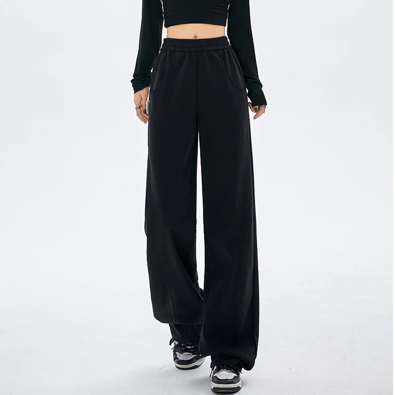 السراويل الرياضية الأمريكية مرونة الخصر للنساء الخريف الشتاء فضفاضة عالية الخصر بنطال ذو قصة أرجل واسعة امرأة جيوب الصلبة بنطلون سيدة