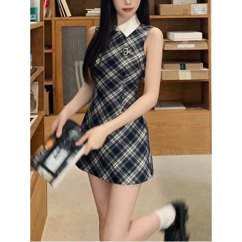 2000s Vintage Y2k Cltohing Plaid Dress Women Elegant Bodycon Thin Lace Mini Dress Female Korean Fashion Party Kawaii Lace Dress