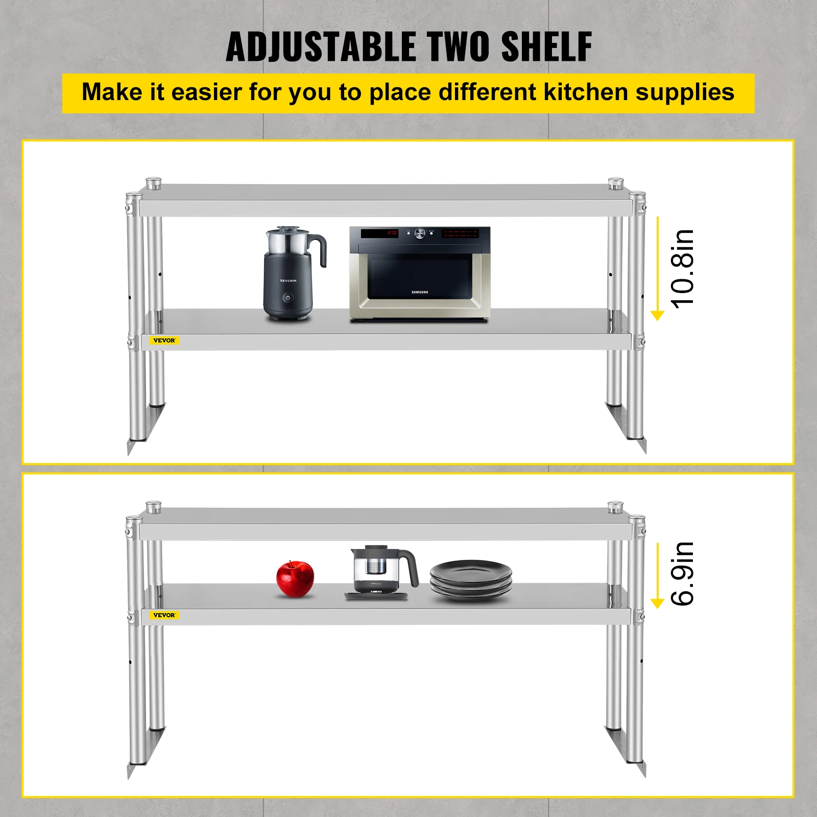 VEVOR Stainless Steel Kitchen Work Table Professional 7 Types Double Overshelf Adjustable Lower Shelf Use for Home Commercial