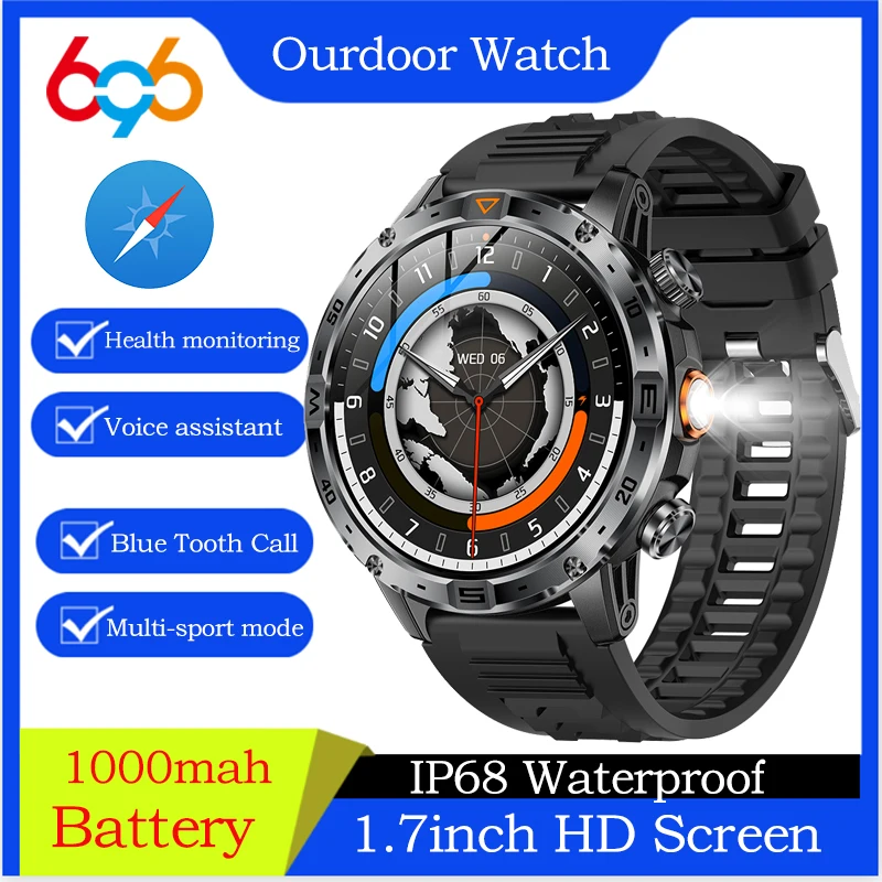 

Health Smartwatch Waterproof Compass Men Outdoor Sports SOS Blue Tooth Call Smart Watch Flashlight 1000mAh Information Reminder