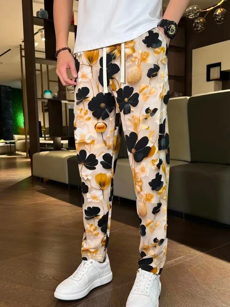 

Легкие мужские повседневные брюки из ледяного шелка, летние, прямого кроя, с узором тай-дай и цветочным принтом, свободные, антибактериальные, для делового повседневного стиля