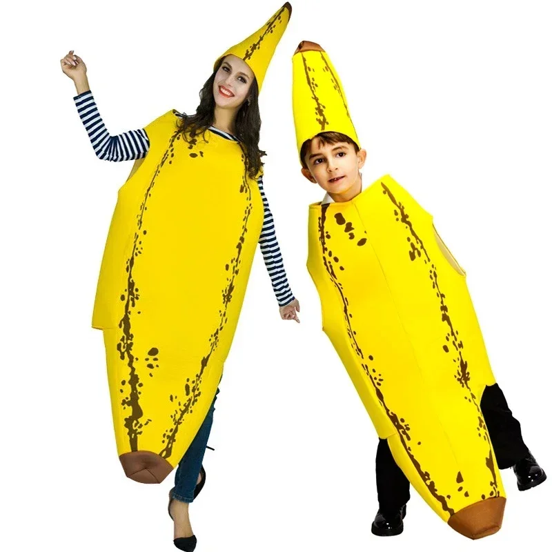 Puirm Kids and Adult Woman Man Banana Costume Halloween Party Cosplay Funny Food Banana Jumpsuit Fancy Dress Parent-Child Outfit