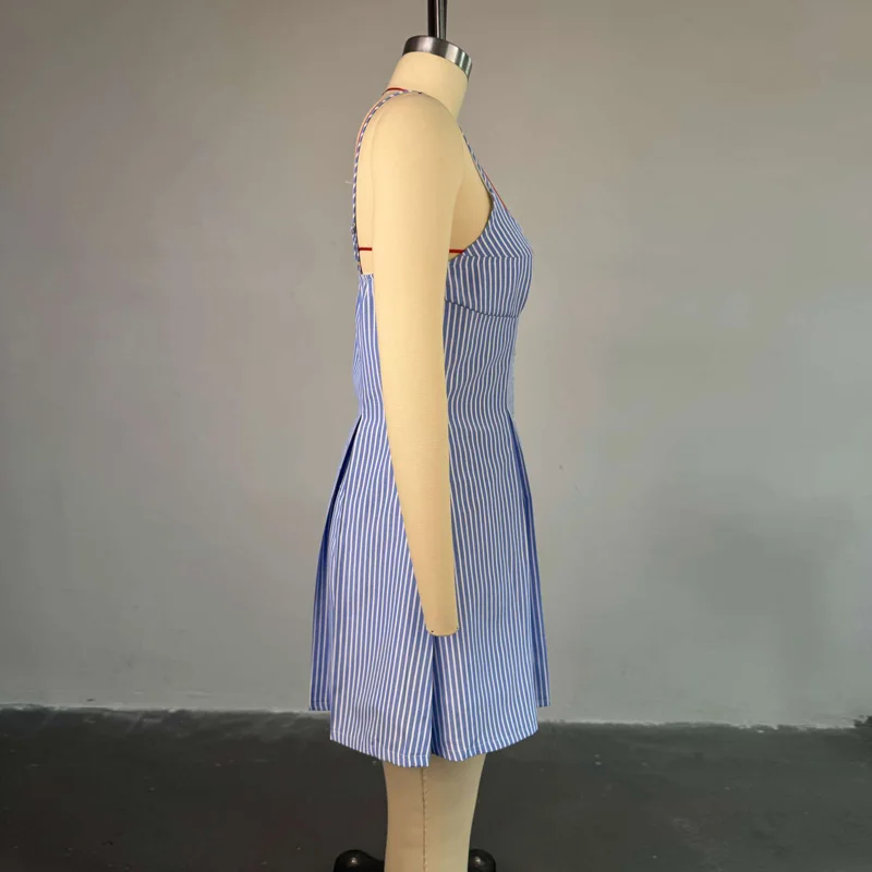Slergiri Abito da donna con bottoni sul davanti e bottoni a righe blu 2025 Estate New Chic senza maniche Abiti corti a trapezio a pieghe carini