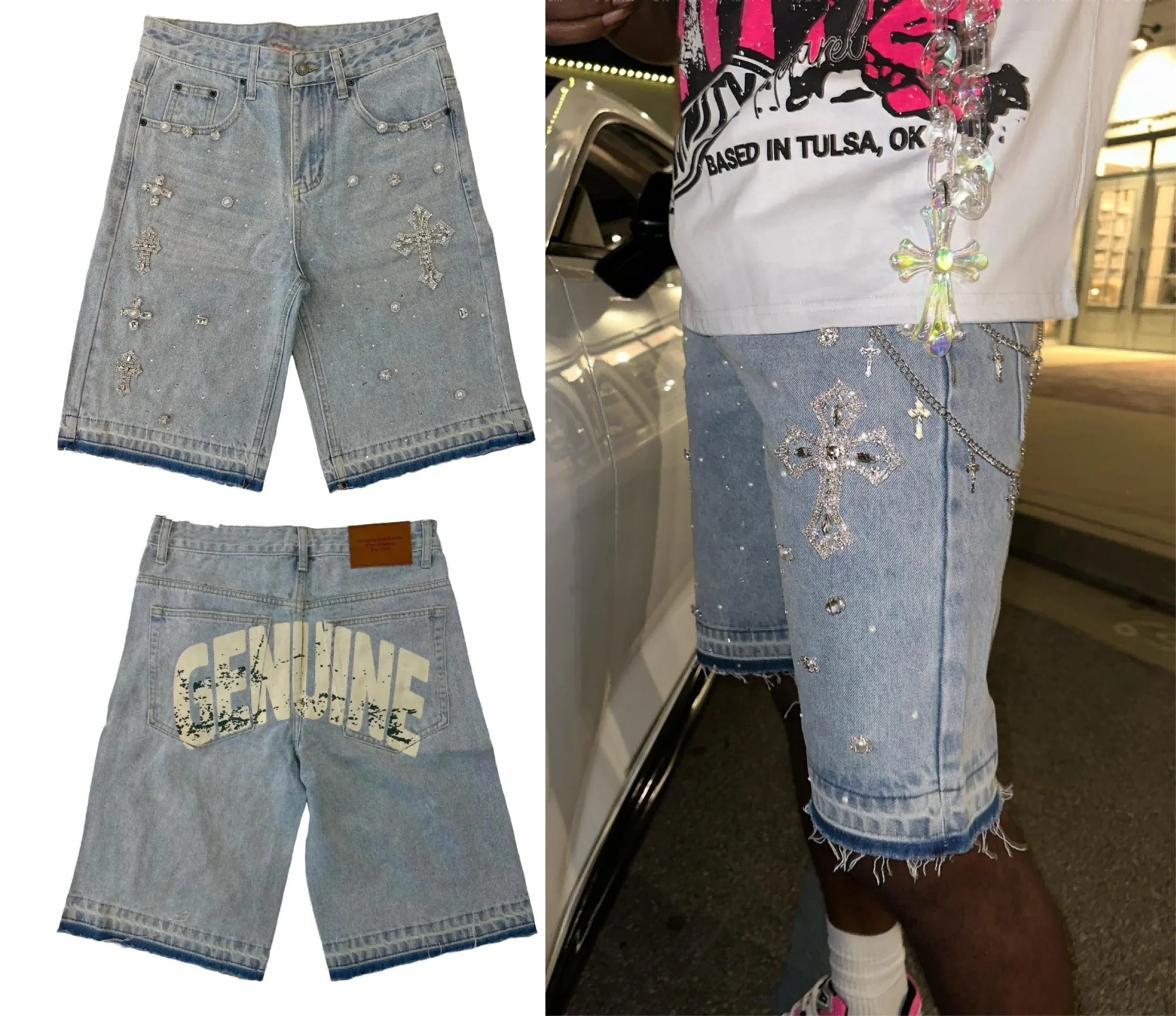 Y2K Retro Fashion Cross Rhinestone Embroidery Denim Shorts