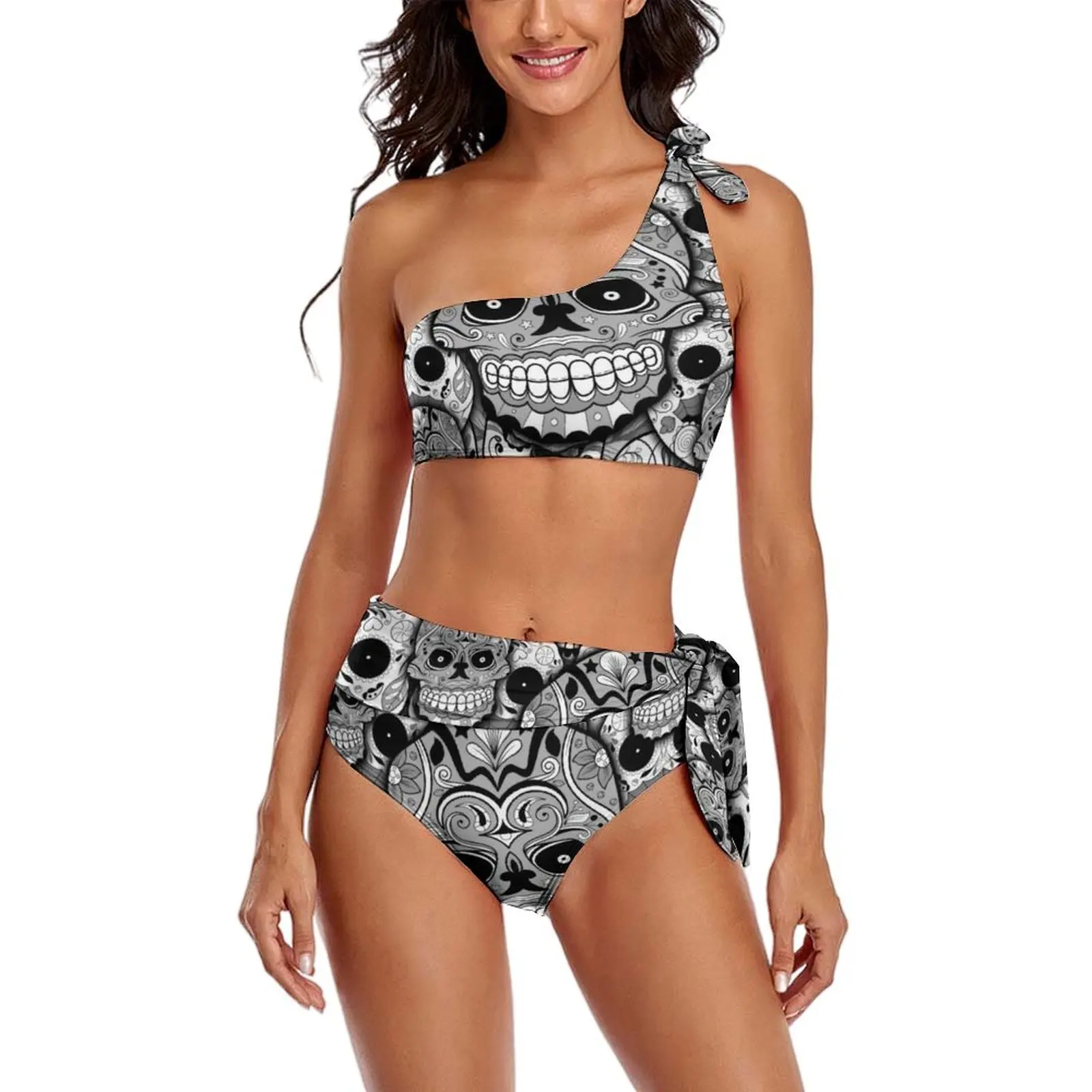 

Sexy Black White Skeleton Bikinis Set Day Of The Dead Calaveras Fashion Bikini Swimsuit High Waist Swimwear Surf Swimsuits