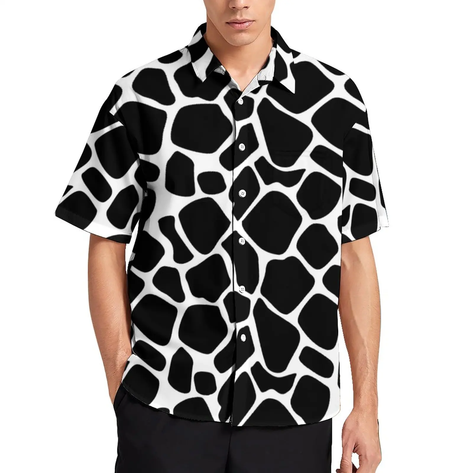 Black And White Cow Print Loose Shirt Man Beach Trendy Spots Casual Shirts Hawaii Design Short Sleeve Trending Oversize Blouses