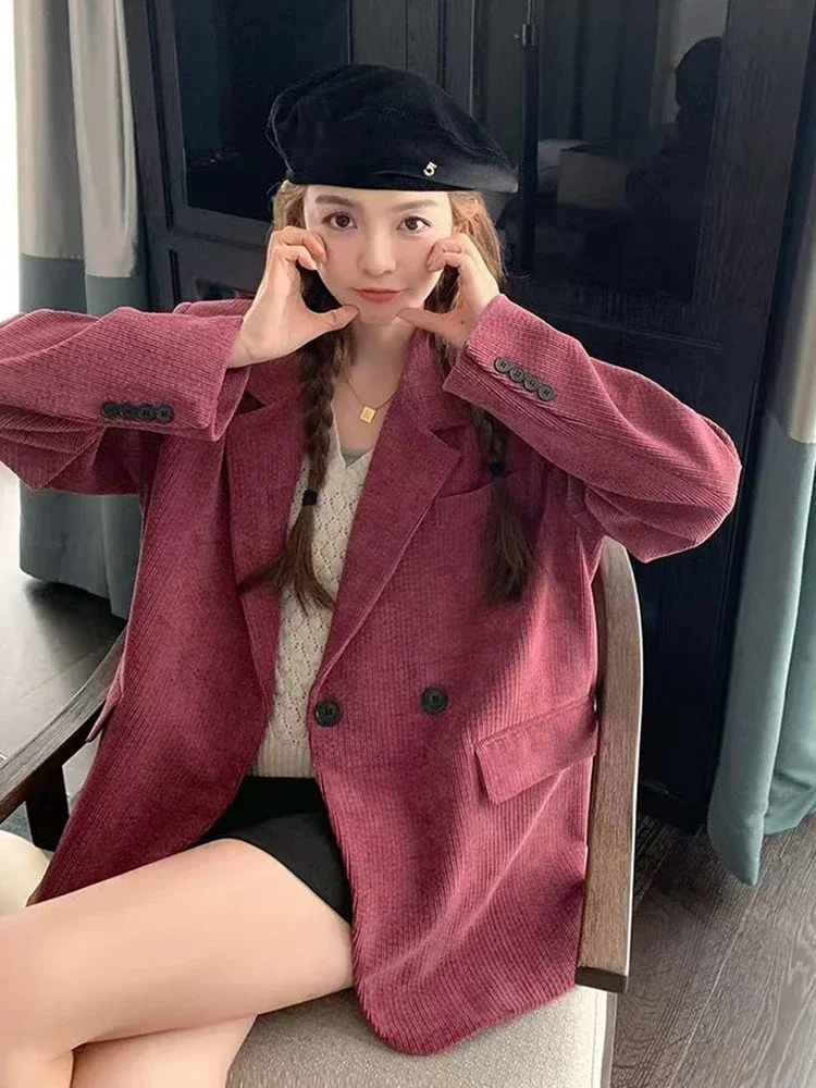 Vintage Corduroy Women Blazer Y2K Streetwear Loose Single Breasted Suit Jacket Korean Long Sleeve Elegant Office Lady Outerwear