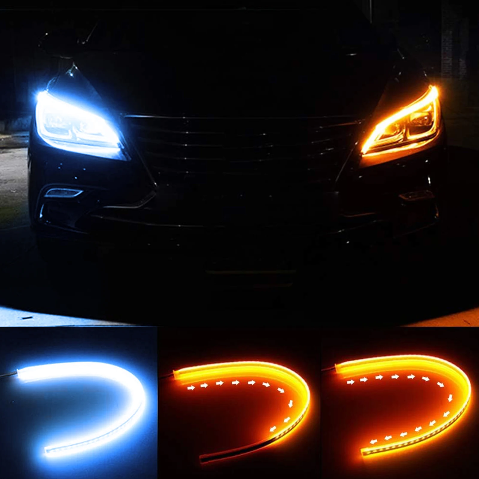 OEMASSIVE Car LED Daytime Running Lights Strip 45CM Sequential Switchback DRL Waterproof Headlight Turn Signal Ice Blue &Yellow