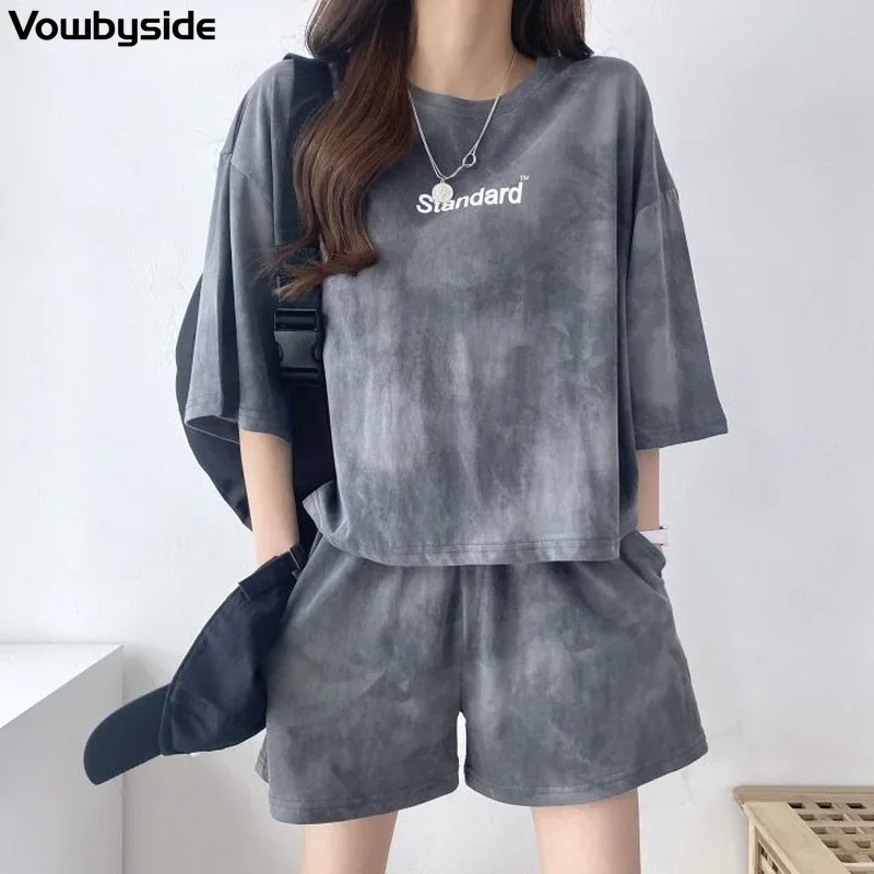 

Summer Casual Women's Set Tie Dye Round Neck Short Sleeve T-Shirt Elastic Waist Shorts Two Piece Suit