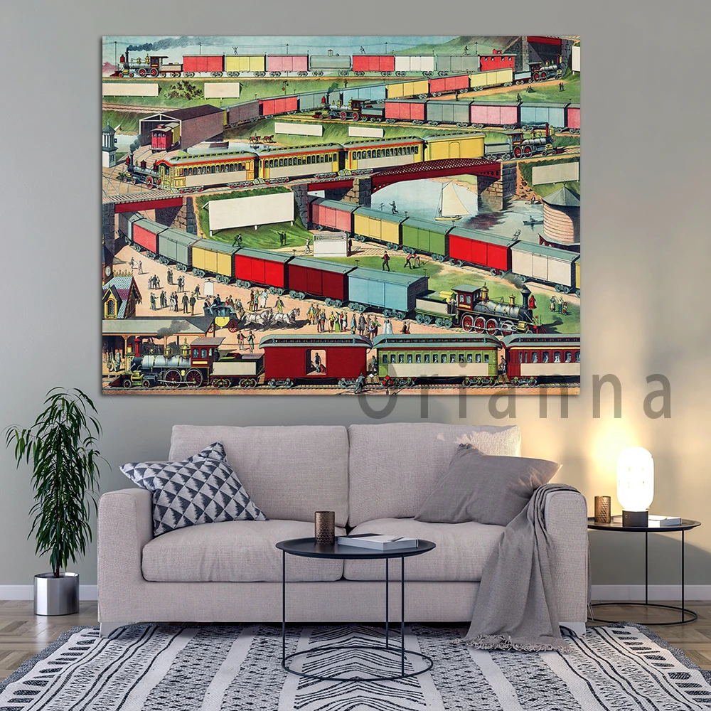 Train Zig Zag Passenger Freight Trains Railway Color Canvas Painting Wall Art Prints Posters Living Room Bedroom Decor Painting