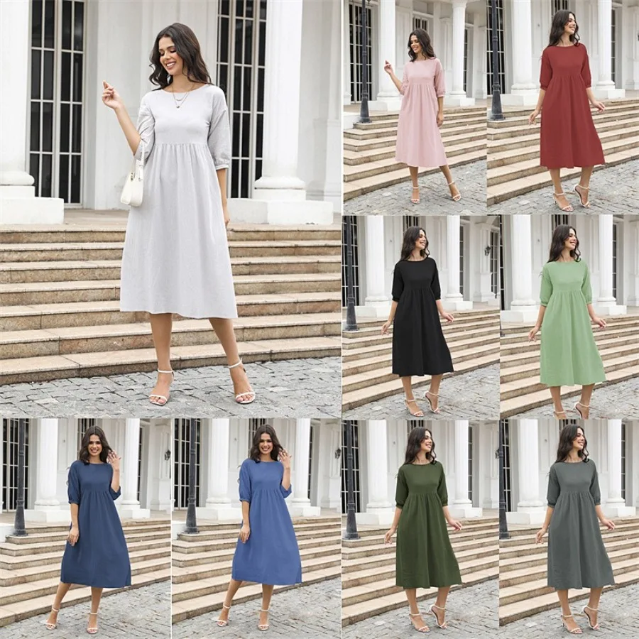 

【New style】2026 summer new women's solid color pullover lantern sleeves loose linen pocket dress