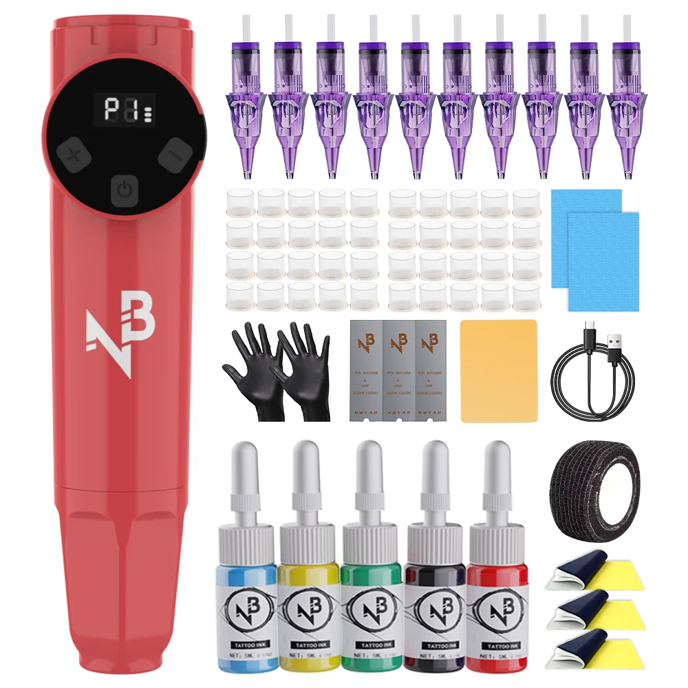 Red Wireless Tattoo Pen Kit LED Display 5 Colors Ink Cartridge Needles Complete Tattoo Supplies for Beginners