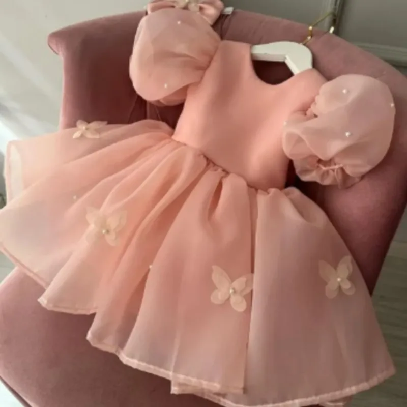 Baby Girl Princess Tutu Dress Puff Sleeve Infant Toddler Child Vintage Pearl Butterfly Vestido Wedding Party Baby Clothes 1-12Y