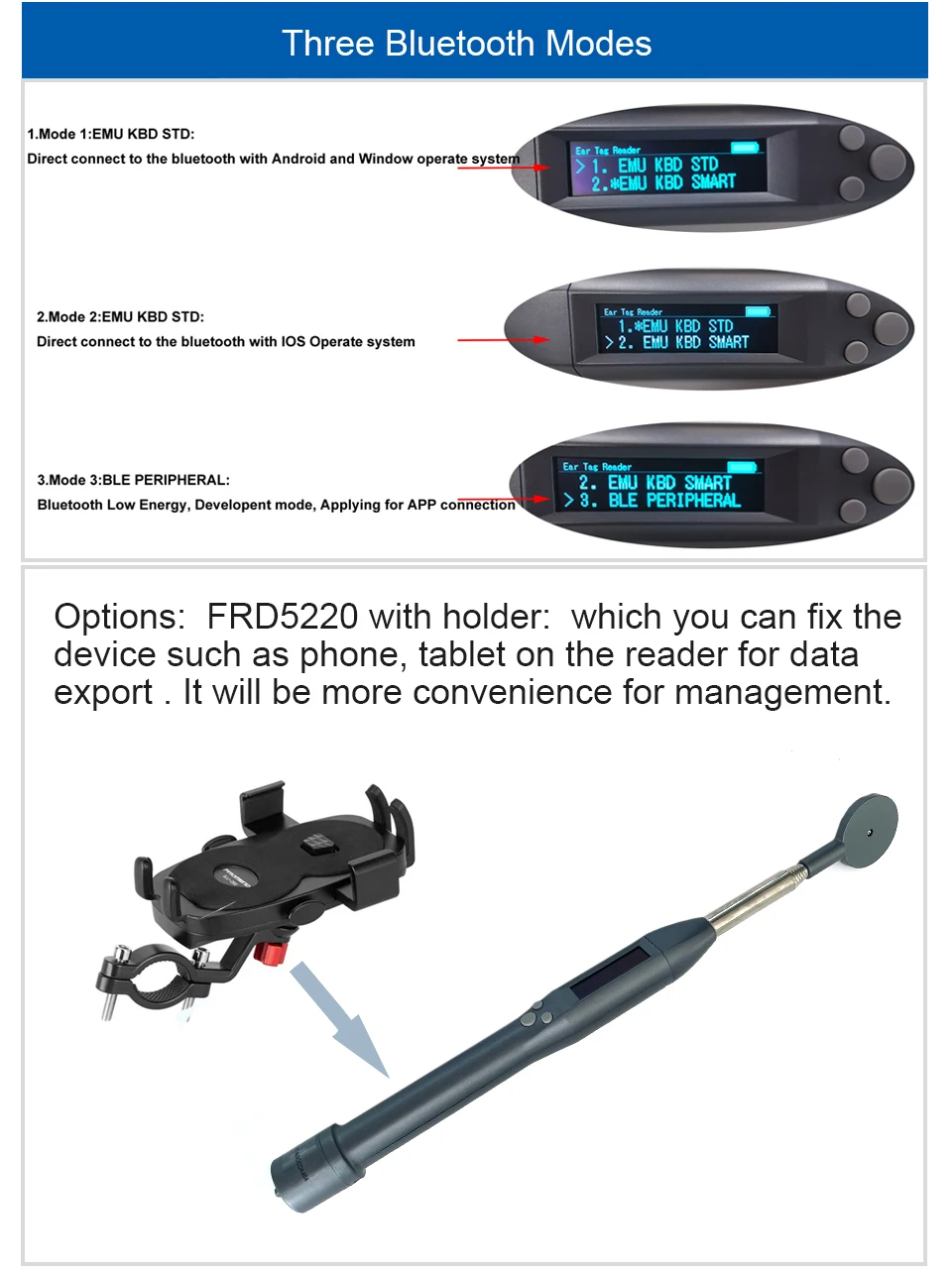 เครื่องสแกนเสาอากาศแบบปรับได้เครื่องอ่านแท็กหูสัตว์ RFID เครื่องอ่านชิป ISO FDX-B HDX สําหรับวัวม้าวัว