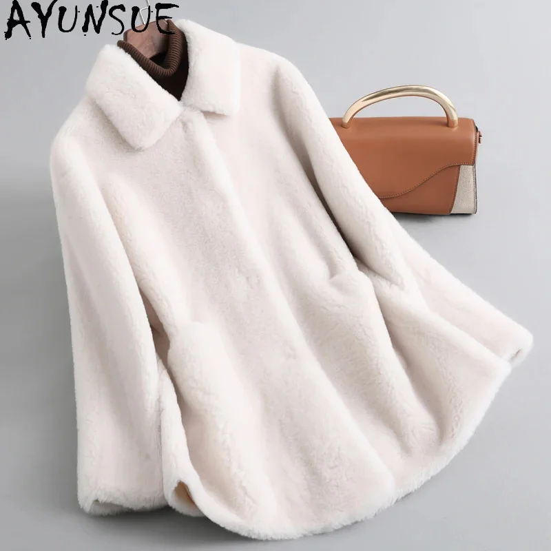 

Elegant AYUNSUE 100% Sheep Shearing Jacket Women Winter Autumn Wool Coats Female Clothes Medium/long Fur Abrigos Mujer