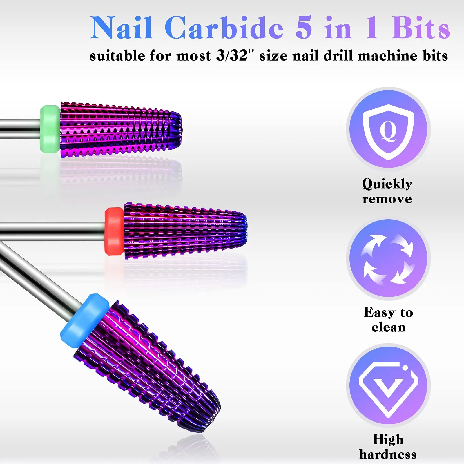 

5 In 1 Tungsten Nail Drill Bits Multi-function Tapered Shaping Milling Cutter Straight Cut for Acrylic Gel Nail Remove Purple