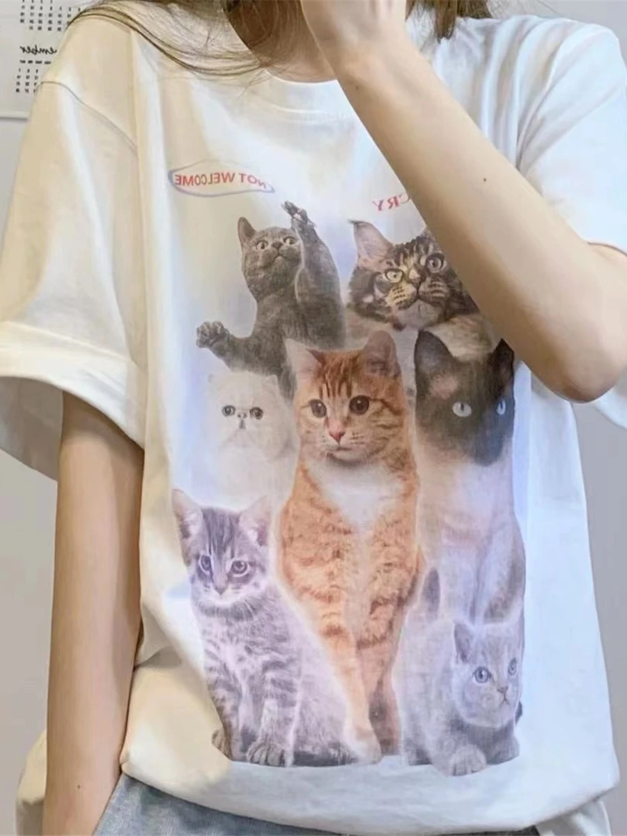 

Boy Dont Cry Cat Women's Clothing Summer Short Sleeve T-shirts Digital 3D Kawaii Cat Printed Harajuku Tops Female O Neck Shirt