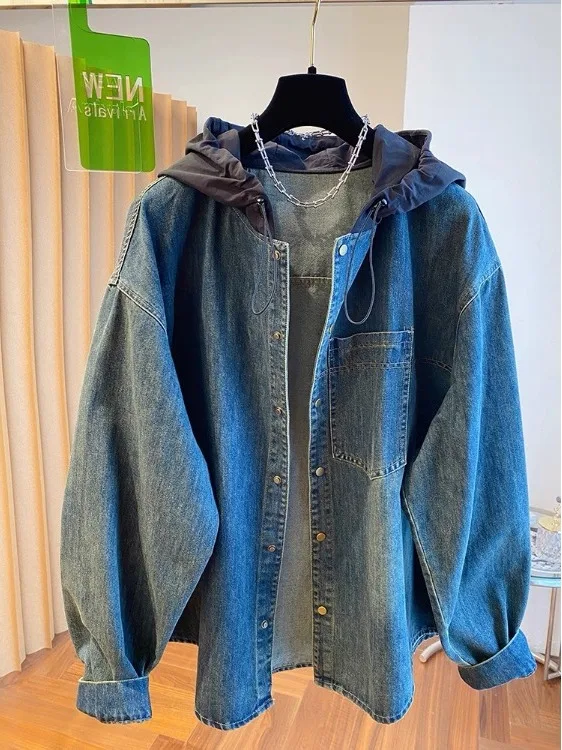

SuperAen Korean Style Hooded Denim Jacket for Women 2025 Autumn New Fashion Loose Oversize High Street Casual Shirts