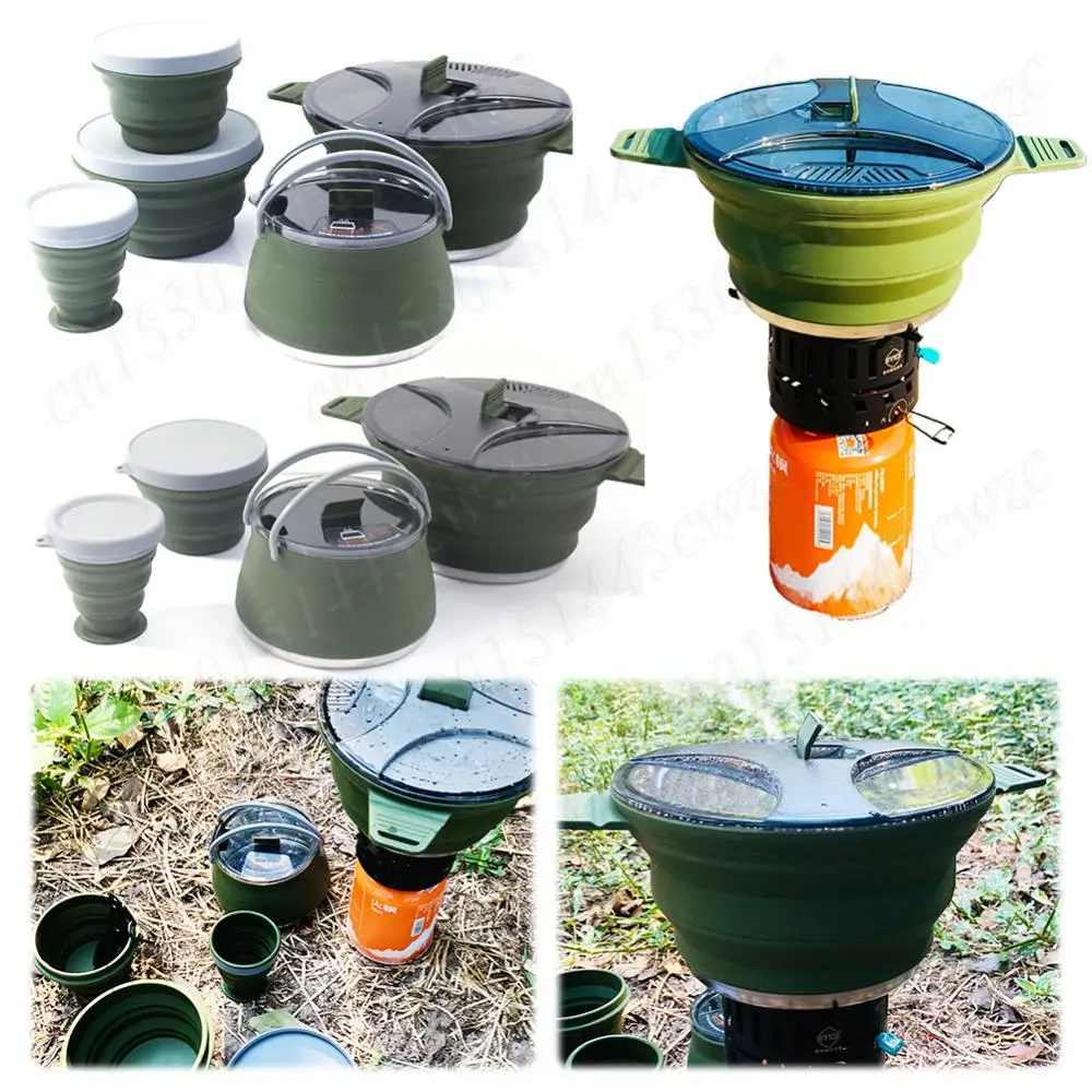 Outdoor Collapsible Kettle Pot with Foldable Bowl Cup Heat Resistant Portable Camping Pot Stainless Steel Folding Kettle Pot