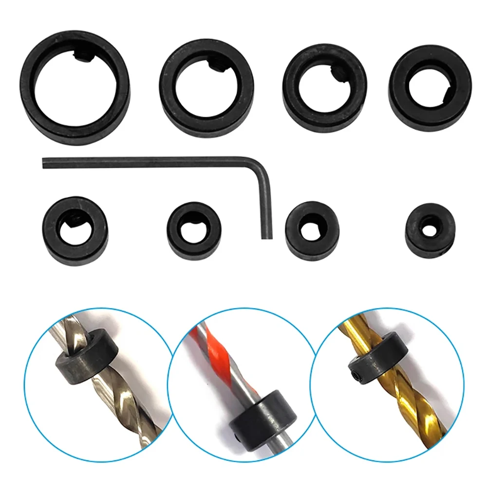 

8pcs Drill Bit Depth Stop Rings Set - 3-16mm Adjustable Collars, Positioner, Set-Screws, for Precision Woodworking